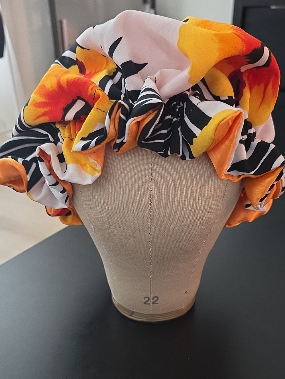Handmade Hair Bonnet Floral Orange & Black Print